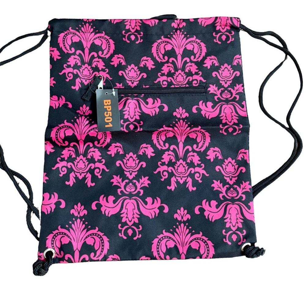 New Black and Pink Damask Print‎ Drawstring Backpack Monogram Ready Blank